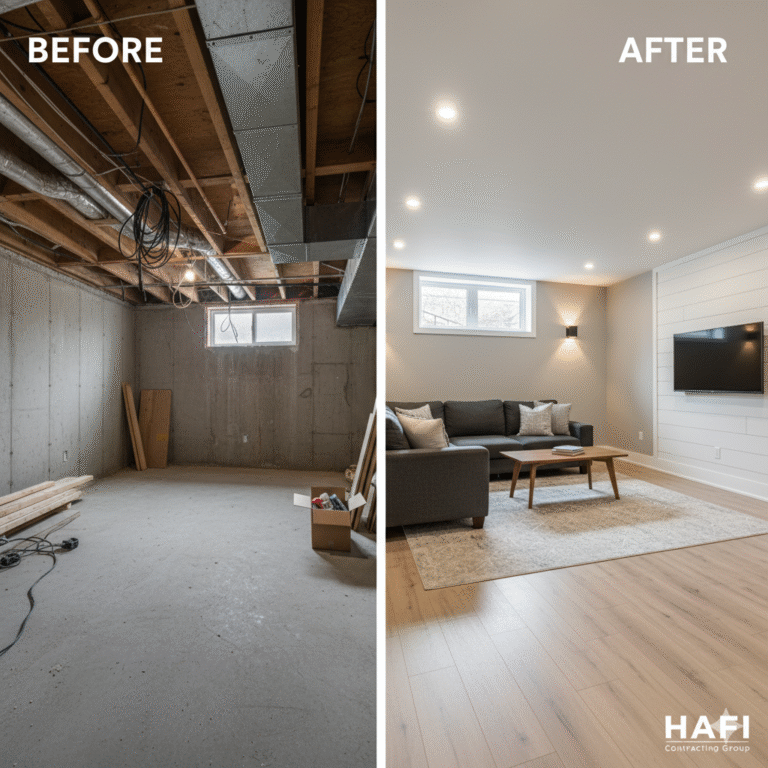 Basement renovation in Kitchener Ontario before and after by HAFI Contracting Group