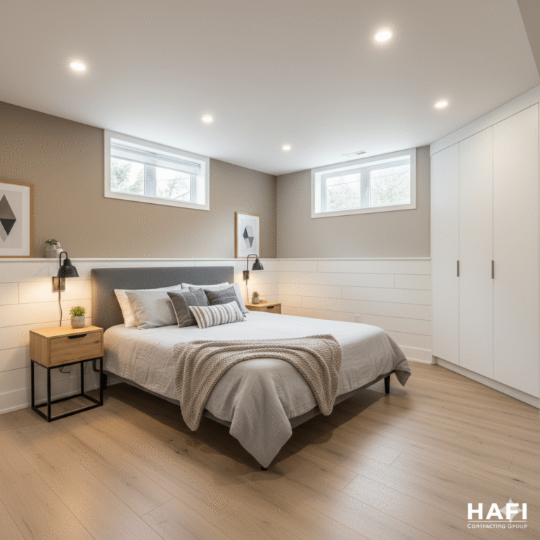 Cozy bedroom in a finished basement apartment design in Kitchener Ontario